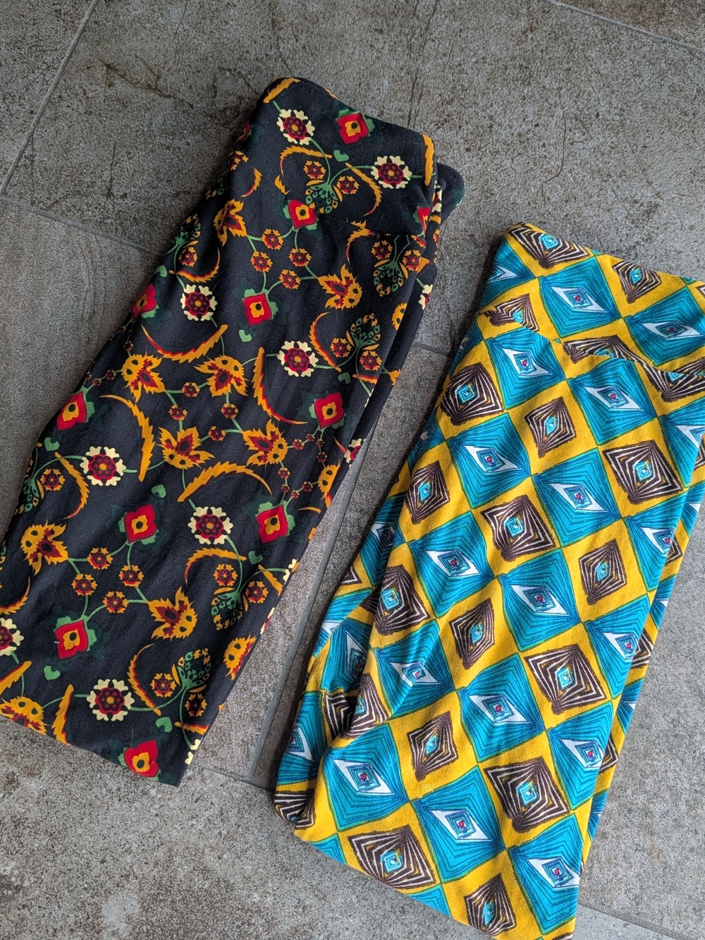 LuLaRoe Leggings Black with Floral Print & Yellow Blue Geometric Pair